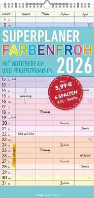 Cover Superplaner Farbenfroh 2026 mit 4 Spalten - Familien-Timer 22x45 cm - Offset-Papier - mit Ferienterminen - Wand-Planer - Familienkalender - Alpha Edition
