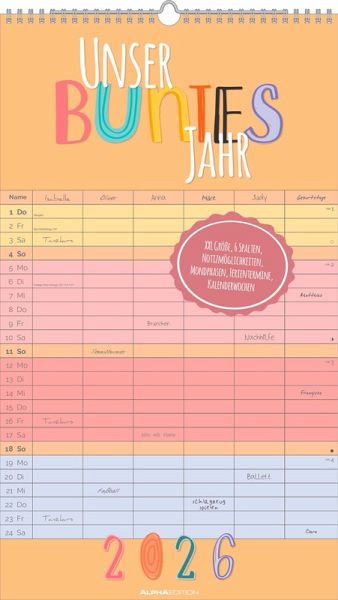 Unser buntes Jahr 2026 Familienplaner - Familien-Timer 26x45 cm - Offset-Papier - mit Ferienterminen - Wand-Planer - Familienkalender - Alpha Edition