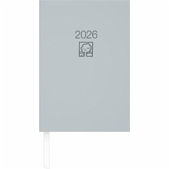 Cover Buchkalender grau 2026 - Bürokalender 14,5x21 - 1T/1S - Blauer Engel - Kartoneinband - Halbstundeneinteilung 7-22 Uhr - 876-0703-1
