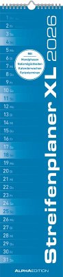 Cover Streifenplaner XL BLAU 2026 - Streifenkalender 15x64 cm - Wandplaner - Küchenkalender - schmales Design - eine Spalte - Langplaner