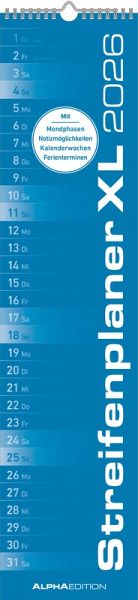 Streifenplaner XL BLAU 2026 - Streifenkalender 15x64 cm - Wandplaner - Küchenkalender - schmales Design - eine Spalte - Langplaner