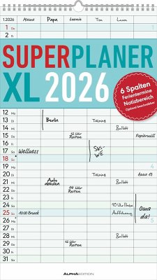Cover Superplaner XL 2026 6 Spalten - Familien-Timer 26x45 cm - Offset-Papier - mit Ferienterminen - Wand-Planer - Familienkalender - Alpha Edition