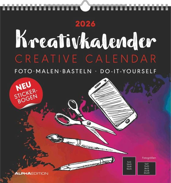 Kreativ-Kalender schwarz 2026 - 32 x 33 - Foto, Malen, Basteln - datiert - Kreativkalender - Foto-Kalender - Alpha Edition