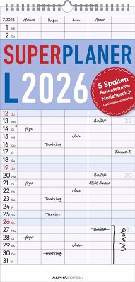 Cover Superplaner L 2026 5 Spalten - Familien-Timer 22x45 cm - Offset-Papier - mit Ferienterminen - Wand-Planer - Familienkalender - Alpha Edition