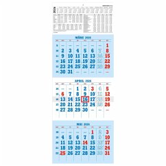 Cover 3-Monatskalender blau/rot 2026 - 29,7x78 - mit Kopftafel - gefaltet - Datumsschieber - 952-0000