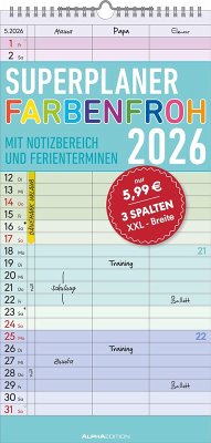 Cover Superplaner Farbenfroh 2026 - Familien-Timer 22x45 cm - mit Ferienterminen - 3 Spalten - Wand-Planer - mit vielen Zusatzinformationen - Alpha Edition