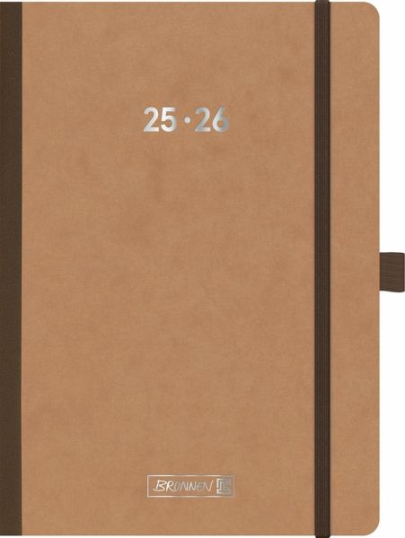 BRUNNEN Schülerkalender (2025/2026) FACT!plus, 2 Seiten = 1 Woche, A5, 208 Seiten, Pressspan-Umschlag, braun