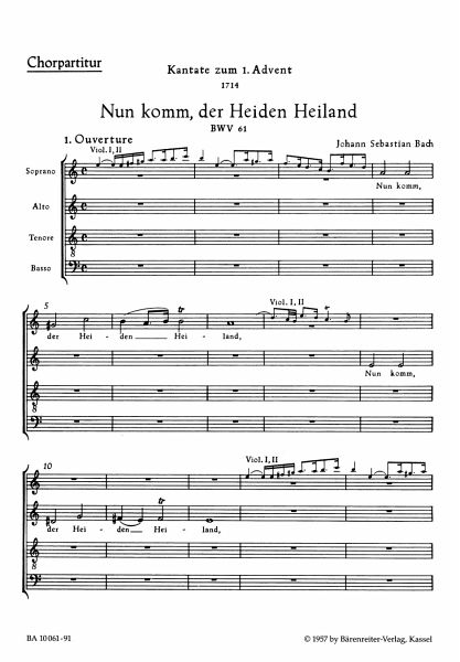 Nun komm der Heiden Heiland Kantate Nr.61 BWV61 Chorpartitur