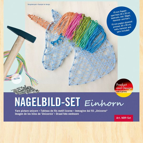 PEBARO NB9-SET - Nagelbild-Set Einhorn, Fadenbild, 20x20cm, Bastelset