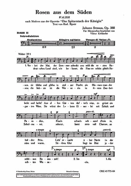 ROSEN AUS DEM SUEDEN OP.388 FUER MAENNERCHOR UND KLAVIER CHORSTIMME BASS 2 ROSEN AUS DEM SUEDEN OP.388 FUER MAENNERCHOR UND KLAVIER CHORSTIMME BASS 2