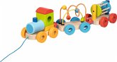 Goki 55847 - Zug Rio mit Steckbauklötzen/Motorikschleife/Rassel, Eisenbahn, Holz/Metall, Länge: 37 cm