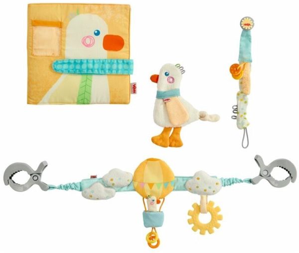 HABA 2012333001 - Baby-Spiel-Set 4-in-1 (Kinderwagenkette/Schnullerkette/Greifling/Stoffbuch), Baby-Geschenkset