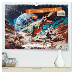 Cover Dinosaurier Sci-Fi - Kampf der Urzeitgiganten im Weltall (hochwertiger Premium Wandkalender 2026 DIN A2 quer), Kunstdruck in Hochglanz