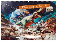 Cover Dinosaurier Sci-Fi - Kampf der Urzeitgiganten im Weltall (Wandkalender 2026 DIN A2 quer), CALVENDO Monatskalender