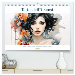 Tattoo trifft Kunst - Starke Tattoos treffen auf sanftes Aquarell (hochwertiger Premium Wandkalender 2026 DIN A2 quer), Kunstdruck in Hochglanz