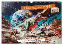 Cover Dinosaurier Sci-Fi - Kampf der Urzeitgiganten im Weltall (Wandkalender 2026 DIN A3 quer), CALVENDO Monatskalender