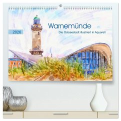 Cover Warnemünde - Die Ostseestadt illustriert in Aquarell (hochwertiger Premium Wandkalender 2026 DIN A2 quer), Kunstdruck in Hochglanz
