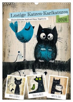 Cover Lustige Katzen-Karikaturen - Minimalistischer Spaß mit Maus, Vogel und Co (Wandkalender 2026 DIN A3 hoch), CALVENDO Monatskalender