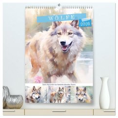Wölfe. Zarte Aquarelle von beeindruckenden Tieren (hochwertiger Premium Wandkalender 2026 DIN A2 hoch), Kunstdruck in Hochglanz