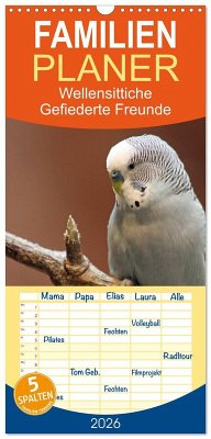 Cover Familienplaner 2026 - Wellensittiche - Gefiederte Freunde mit 5 Spalten (Wandkalender, 21 x 45 cm) CALVENDO