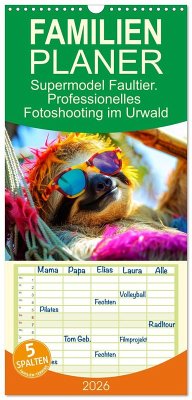 Cover Familienplaner 2026 - Supermodel Faultier. Professionelles Fotoshooting im Urwald mit 5 Spalten (Wandkalender, 21 x 45 cm) CALVENDO