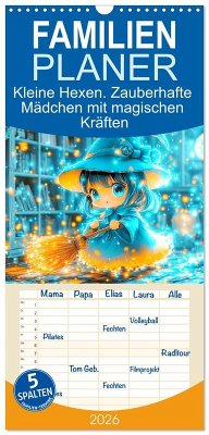 Familienplaner 2026 - Kleine Hexen. Zauberhafte Mädchen mit magischen Kräften mit 5 Spalten (Wandkalender, 21 x 45 cm) CALVENDO