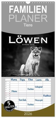 Familienplaner 2026 - Löwen schwarz weiß mit 5 Spalten (Wandkalender, 21 x 45 cm) CALVENDO