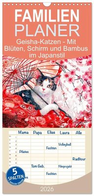 Cover Familienplaner 2026 - Geisha-Katzen - Mit Blüten, Schirm und Bambus im Japanstil mit 5 Spalten (Wandkalender, 21 x 45 cm) CALVENDO