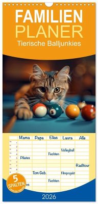 Familienplaner 2026 - Tierische Balljunkies mit 5 Spalten (Wandkalender, 21 x 45 cm) CALVENDO