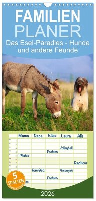 Cover Familienplaner 2026 - Das Esel-Paradies - Hunde und andere Feunde mit 5 Spalten (Wandkalender, 21 x 45 cm) CALVENDO