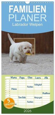 Cover Familienplaner 2026 - Labrador Welpen mit 5 Spalten (Wandkalender, 21 x 45 cm) CALVENDO