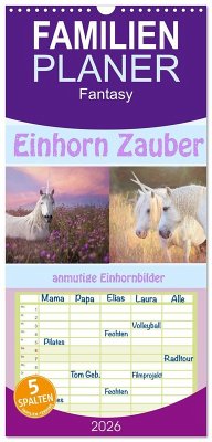 Cover Familienplaner 2026 - Einhorn Zauber - anmutige Einhornbilder mit 5 Spalten (Wandkalender, 21 x 45 cm) CALVENDO