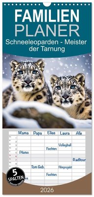Cover Familienplaner 2026 - Schneeleoparden - Meister der Tarnung mit 5 Spalten (Wandkalender, 21 x 45 cm) CALVENDO