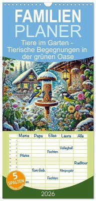 Cover Familienplaner 2026 - Tiere im Garten - Tierische Begegnungen in der grünen Oase mit 5 Spalten (Wandkalender, 21 x 45 cm) CALVENDO