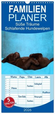 Familienplaner 2026 - Süße Träume 2026 - schlafende Hundewelpen mit 5 Spalten (Wandkalender, 21 x 45 cm) CALVENDO