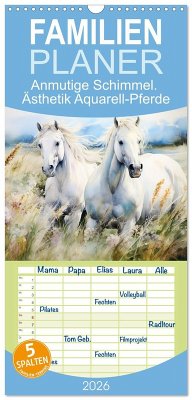 Cover Familienplaner 2026 - Anmutige Schimmel. Ästhetik Aquarell-Pferde mit 5 Spalten (Wandkalender, 21 x 45 cm) CALVENDO