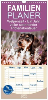 Cover Familienplaner 2026 - Welpenzeit - Ein Jahr voller spannender Pfotenabenteuer mit 5 Spalten (Wandkalender, 21 x 45 cm) CALVENDO