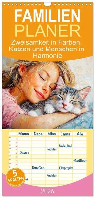 Cover Familienplaner 2026 - Zweisamkeit in Farben. Katzen und Menschen in Harmonie mit 5 Spalten (Wandkalender, 21 x 45 cm) CALVENDO