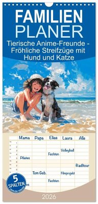 Familienplaner 2026 - Tierische Anime-Freunde - Fröhliche Streifzüge mit Hund und Katze mit 5 Spalten (Wandkalender, 21 x 45 cm) CALVENDO