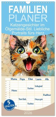 Familienplaner 2026 - Katzengesichter im Ölgemälde-Stil. Liebliche Portraits fürs Herz mit 5 Spalten (Wandkalender, 21 x 45 cm) CALVENDO