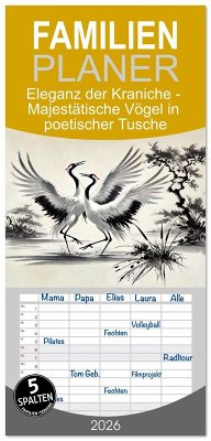 Cover Familienplaner 2026 - Eleganz der Kraniche - Majestätische Vögel in poetischer Tusche mit 5 Spalten (Wandkalender, 21 x 45 cm) CALVENDO