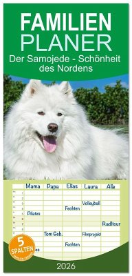 Cover Familienplaner 2026 - Der Samojede - Schönheit des Nordens mit 5 Spalten (Wandkalender, 21 x 45 cm) CALVENDO