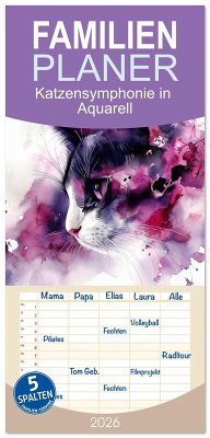 Familienplaner 2026 - Katzensymphonie in Aquarell mit 5 Spalten (Wandkalender, 21 x 45 cm) CALVENDO