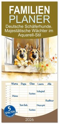 Familienplaner 2026 - Deutsche Schäferhunde. Majestätische Wächter im Aquarell-Stil mit 5 Spalten (Wandkalender, 21 x 45 cm) CALVENDO