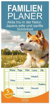 Cover Familienplaner 2026 - Akita Inu in der Natur. Japans edle und sanfte Schönheit mit 5 Spalten (Wandkalender, 21 x 45 cm) CALVENDO