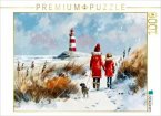CALVENDO Puzzle Winterspaziergang mit Hund am Meer Aquarellbild   1000 Teile Lege-Größe 64x48cm Foto-Puzzle für glücklic