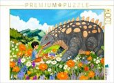 CALVENDO Puzzle Picknick mit Dino auf der Blumenwiese   1000 Teile Lege-Größe 64x48cm Foto-Puzzle für glückliche Stunden