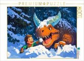 CALVENDO Puzzle Winterspaß mit Schnee mit dem Dinosaurier   1000 Teile Lege-Größe 64x48cm Foto-Puzzle für glückliche Stu