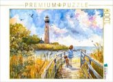 CALVENDO Puzzle Kind mit Hunde am Steg zum Leuchtturm   1000 Teile Lege-Größe 64x48cm Foto-Puzzle für glückliche Stunden