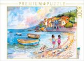 CALVENDO Puzzle Zwei Kinder mit Hund an mediterranem am Bootsstrand   1000 Teile Lege-Größe 64x48cm Foto-Puzzle für glüc
